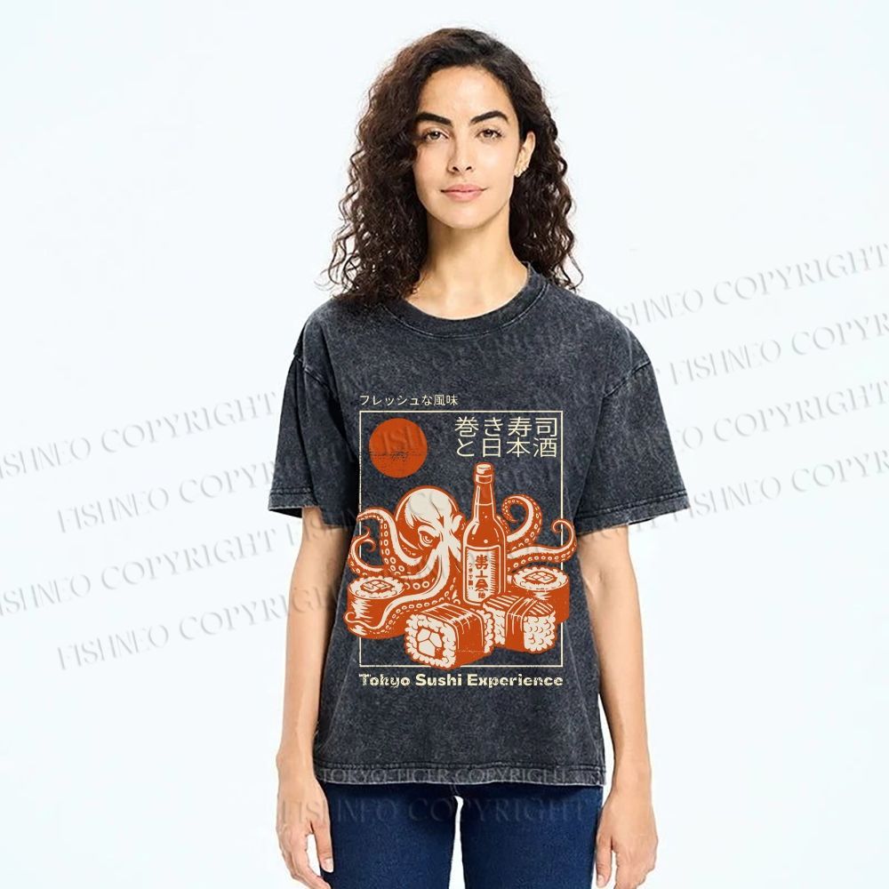 Unisex Octopus Sushi Printed Washed Tee