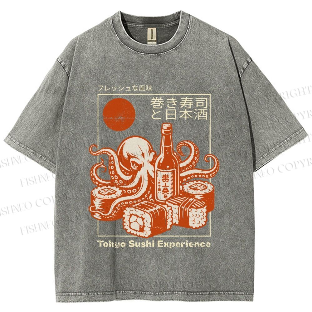 Unisex Octopus Sushi Printed Washed Tee
