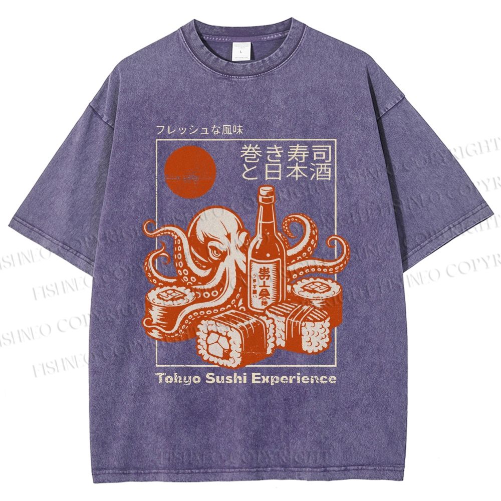 Unisex Octopus Sushi Printed Washed Tee