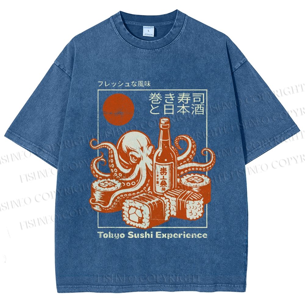 Unisex Octopus Sushi Printed Washed Tee