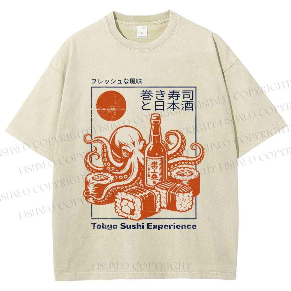 Unisex Octopus Sushi Printed Washed Tee