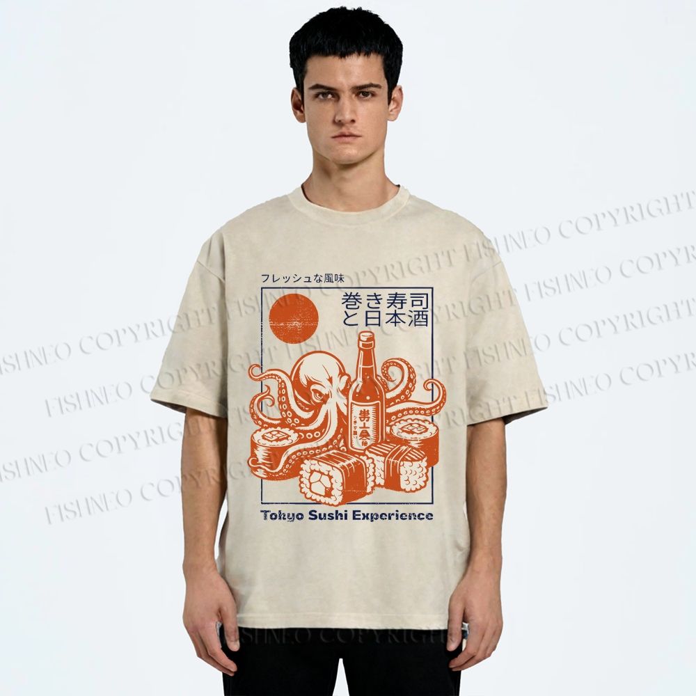 Unisex Octopus Sushi Printed Washed Tee