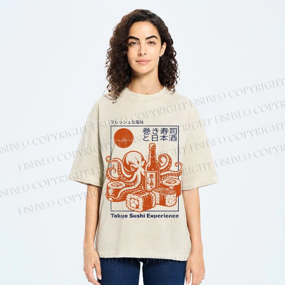Unisex Octopus Sushi Printed Washed Tee