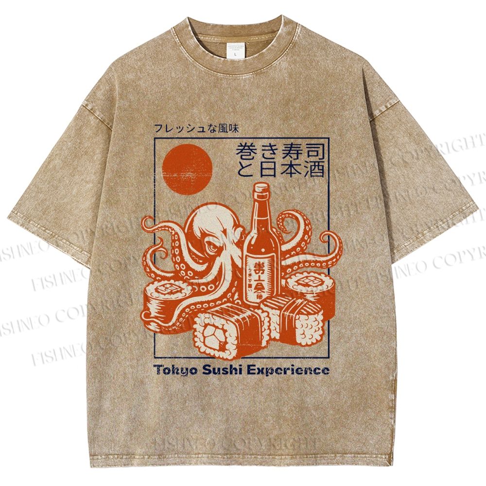 Unisex Octopus Sushi Printed Washed Tee