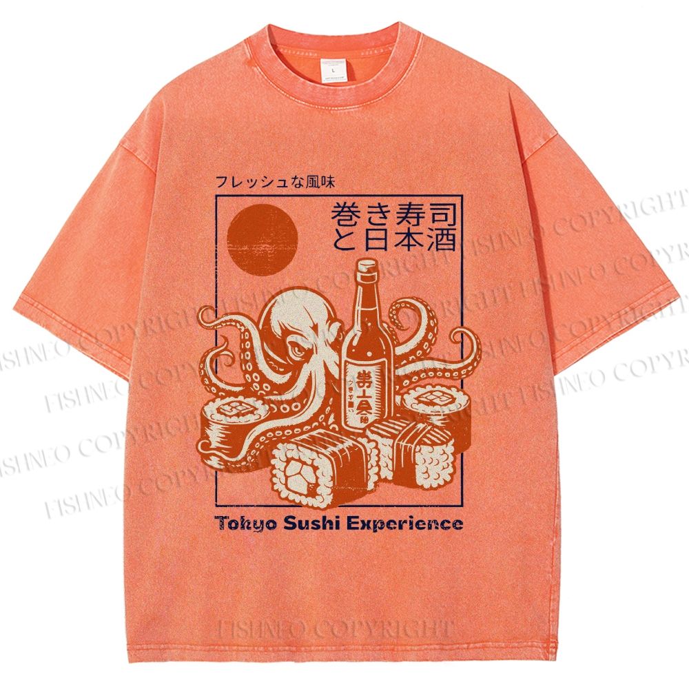 Unisex Octopus Sushi Printed Washed Tee