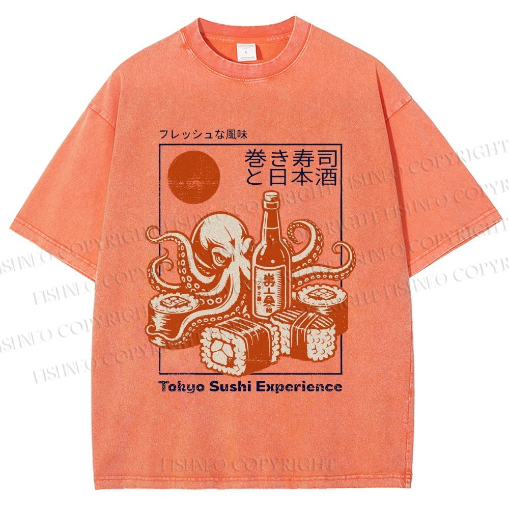 Unisex Octopus Sushi Printed Washed Tee
