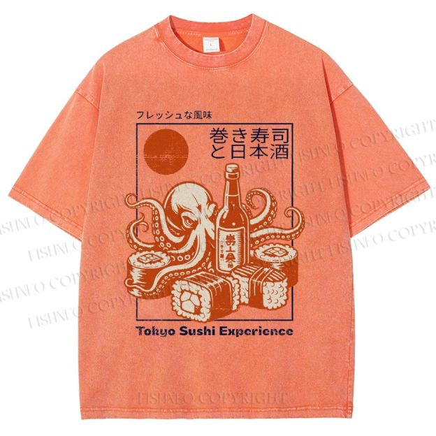 Unisex Octopus Sushi Printed Washed Tee