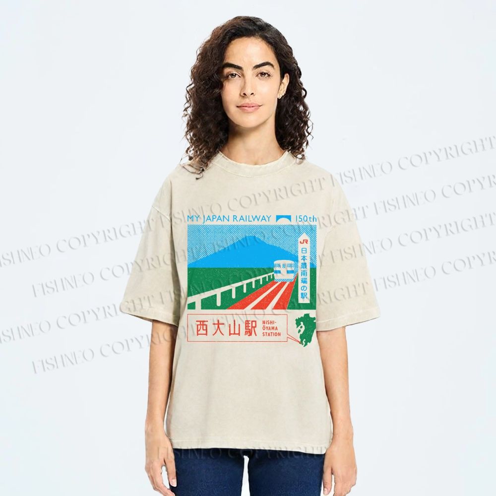 Unisex Nishi Oyama Station Printed Washed Tee