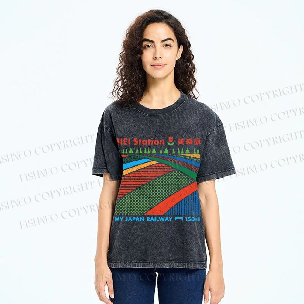 Unisex Biei Station Printed Washed Tee