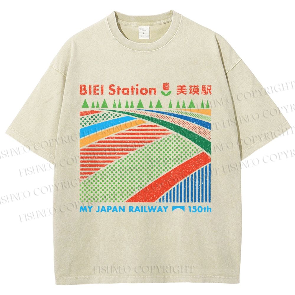 Unisex Biei Station Printed Washed Tee