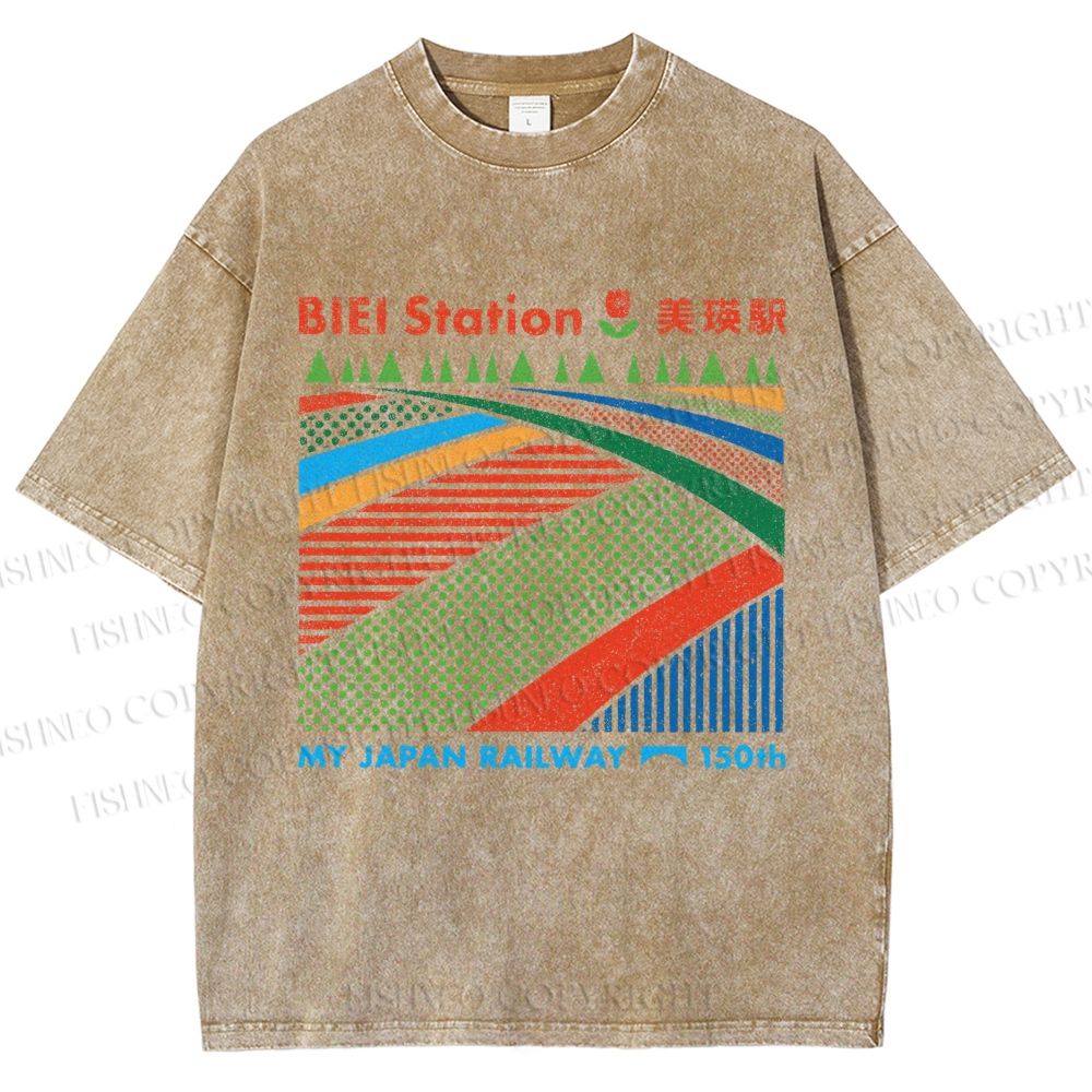 Unisex Biei Station Printed Washed Tee