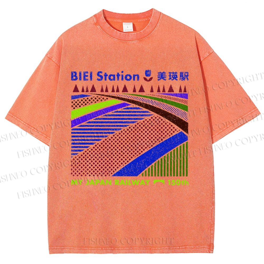 Unisex Biei Station Printed Washed Tee