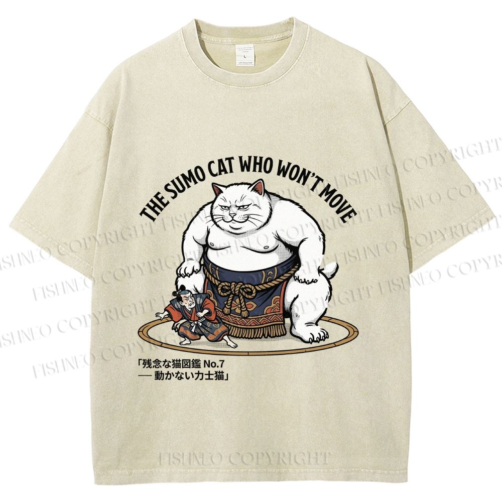 その他 sumomo Unisex An Immovable Sumo Cat Printed Washed Tee – Fishneo