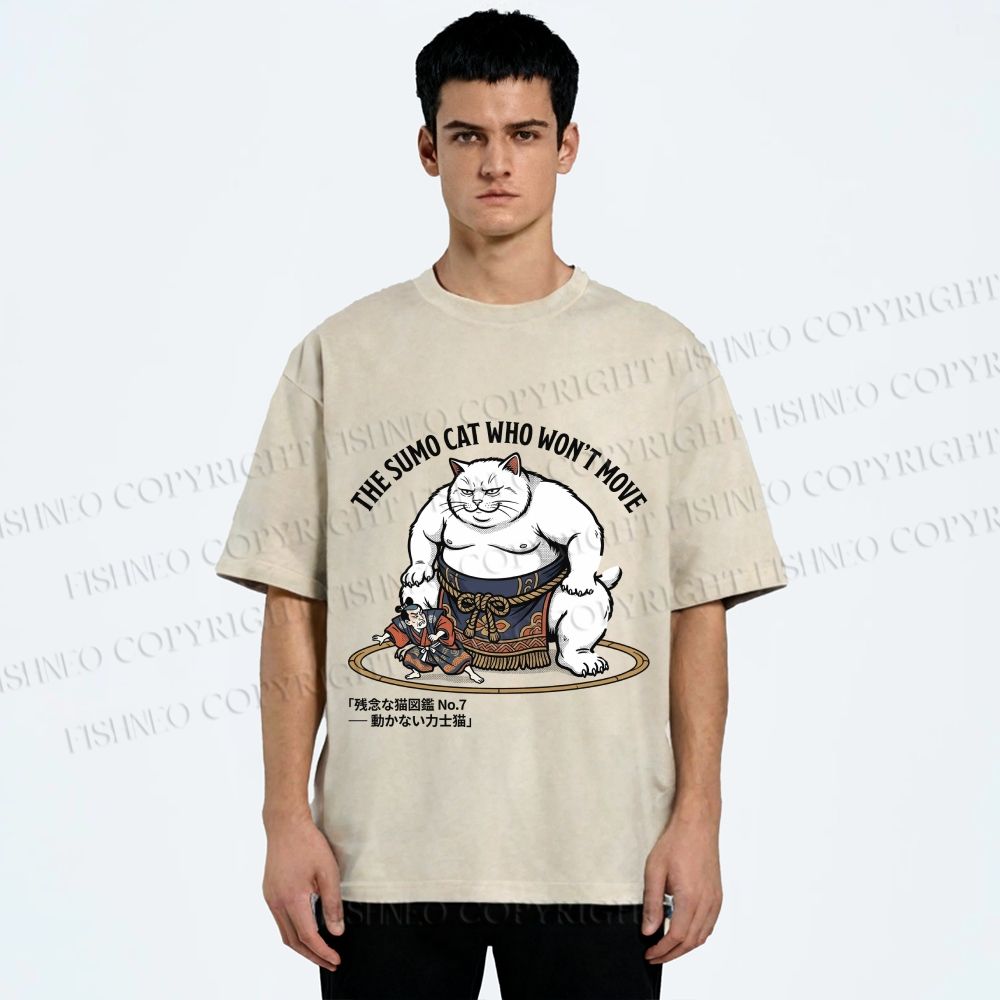 その他 sumomo Unisex An Immovable Sumo Cat Printed Washed Tee – Fishneo