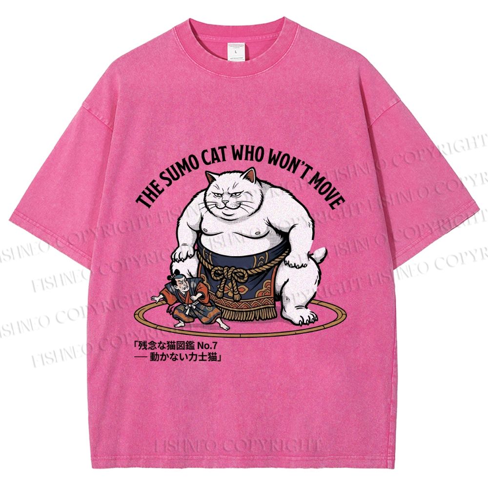 Unisex An Immovable Sumo Cat Printed Washed Tee – Fishneo