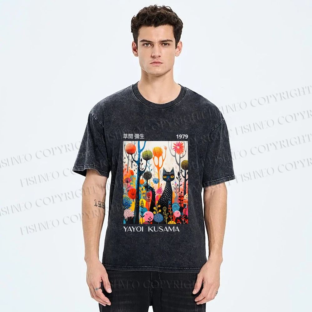 Unisex Yayoi Kusama Cat Printed Washed Tee