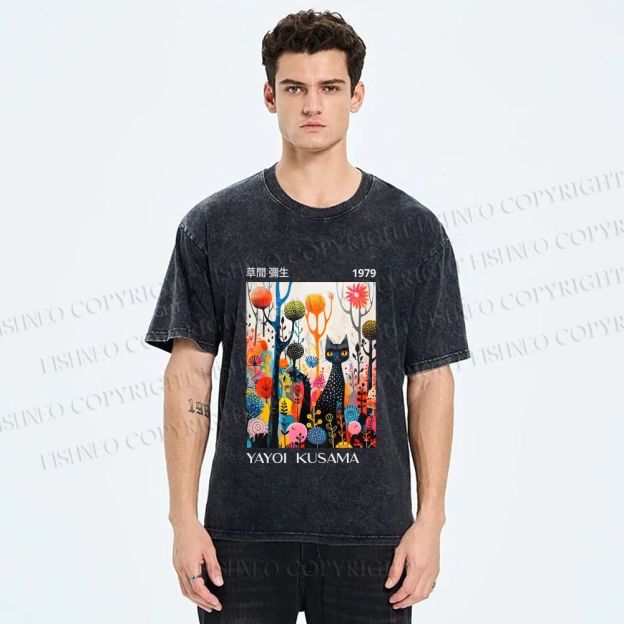 Unisex Yayoi Kusama Cat Printed Washed Tee