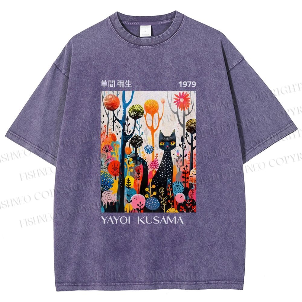 Unisex Yayoi Kusama Cat Printed Washed Tee
