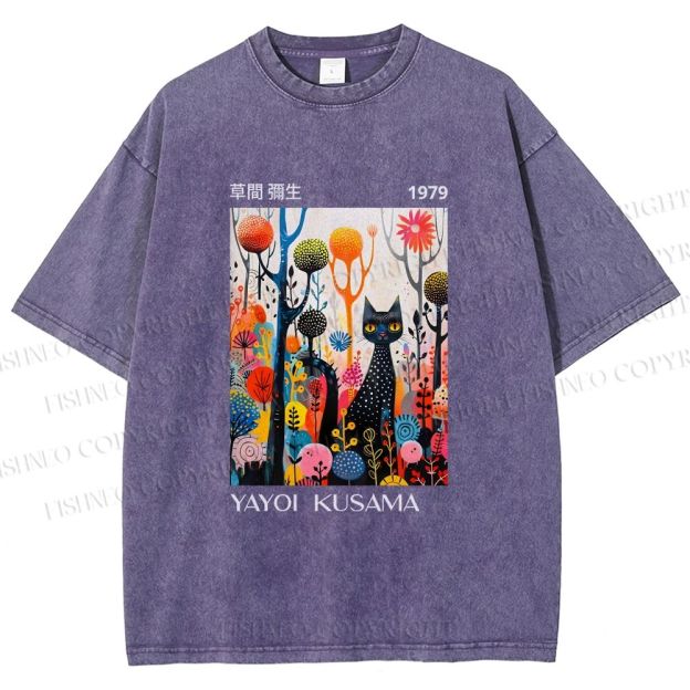 Unisex Yayoi Kusama Cat Printed Washed Tee