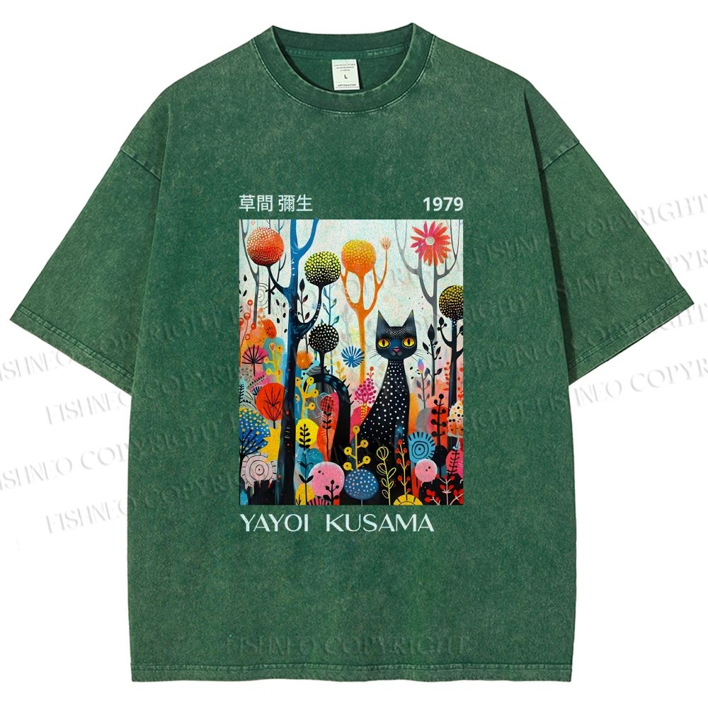 Unisex Yayoi Kusama Cat Printed Washed Tee