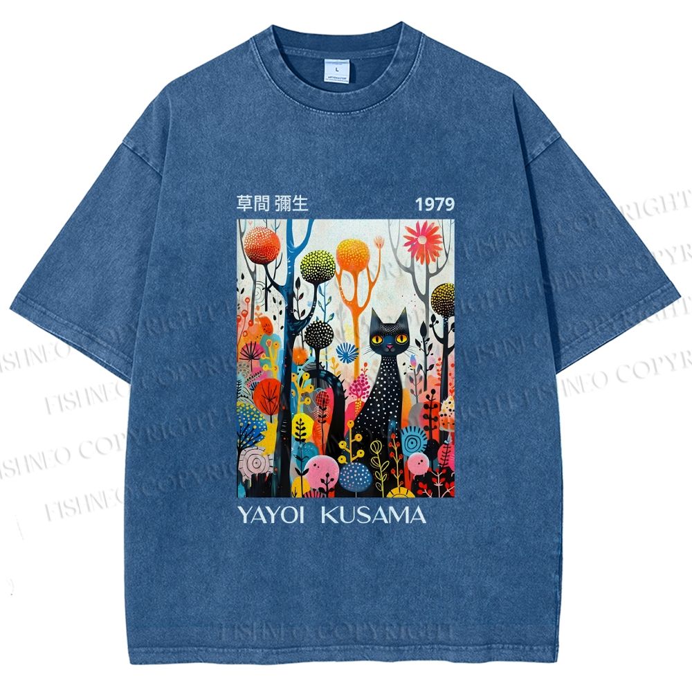 Unisex Yayoi Kusama Cat Printed Washed Tee