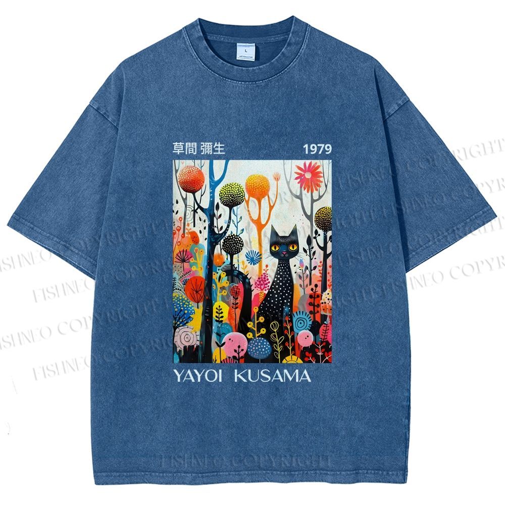 Unisex Yayoi Kusama Cat Printed Washed Tee