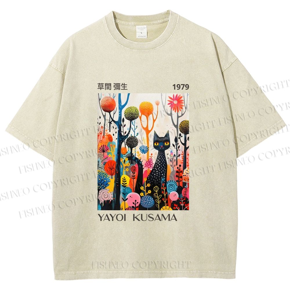 Unisex Yayoi Kusama Cat Printed Washed Tee