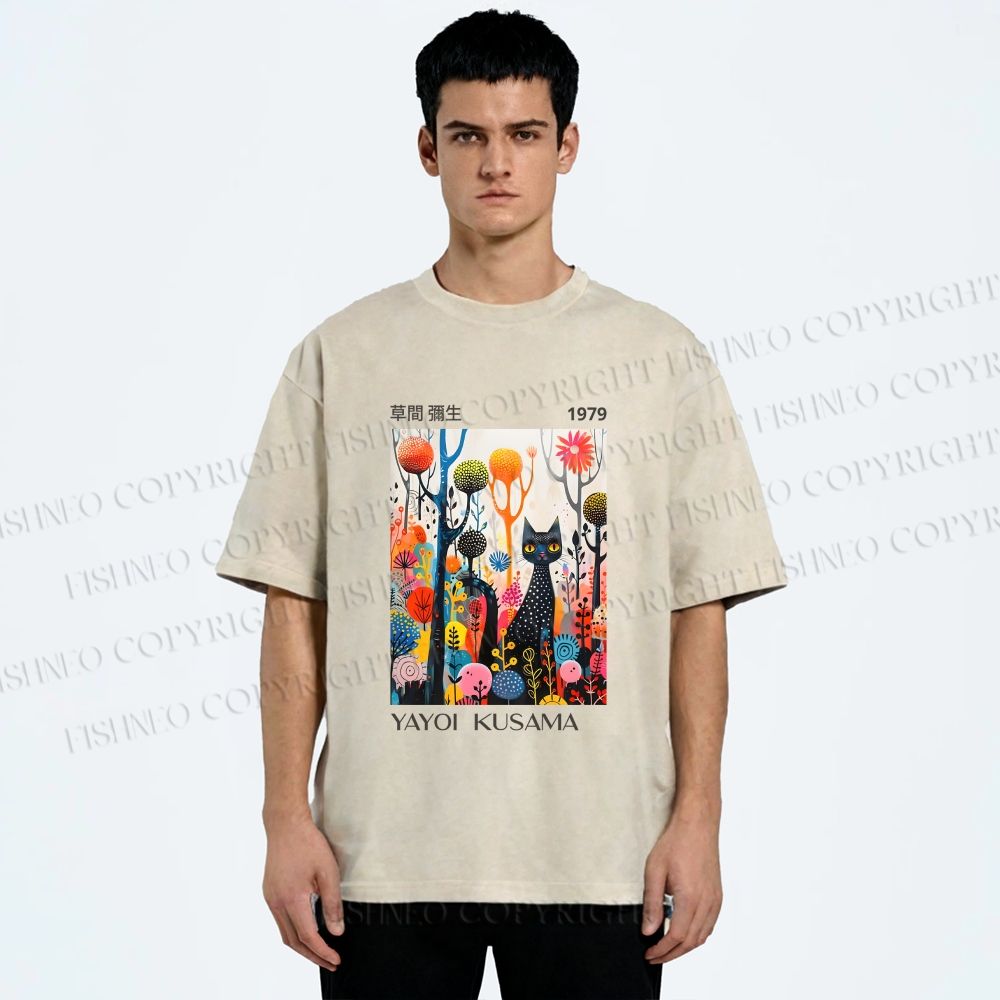 Unisex Yayoi Kusama Cat Printed Washed Tee