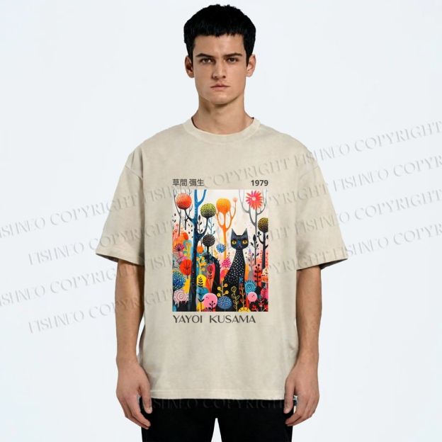 Unisex Yayoi Kusama Cat Printed Washed Tee