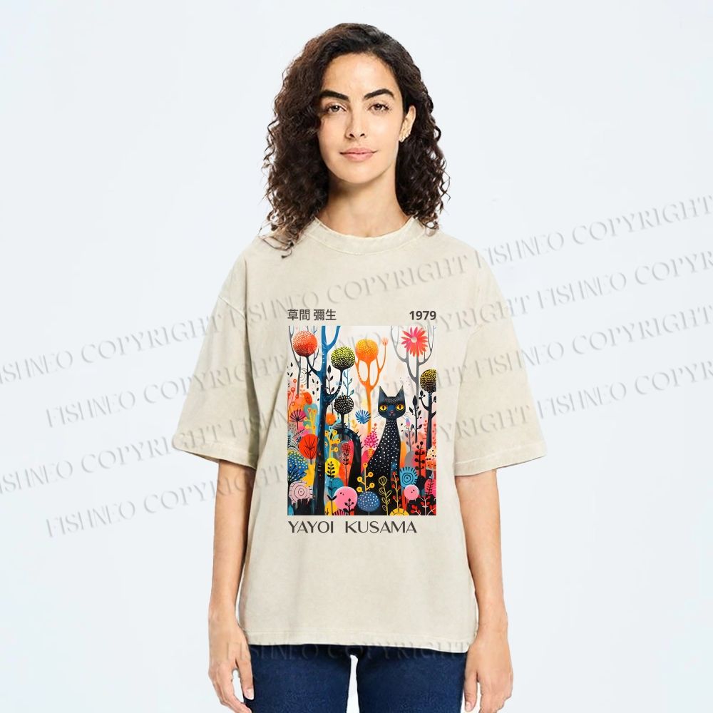 Unisex Yayoi Kusama Cat Printed Washed Tee