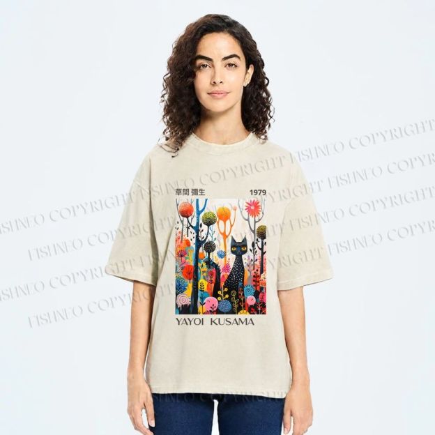 Unisex Yayoi Kusama Cat Printed Washed Tee