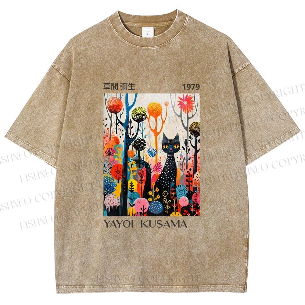 Unisex Yayoi Kusama Cat Printed Washed Tee
