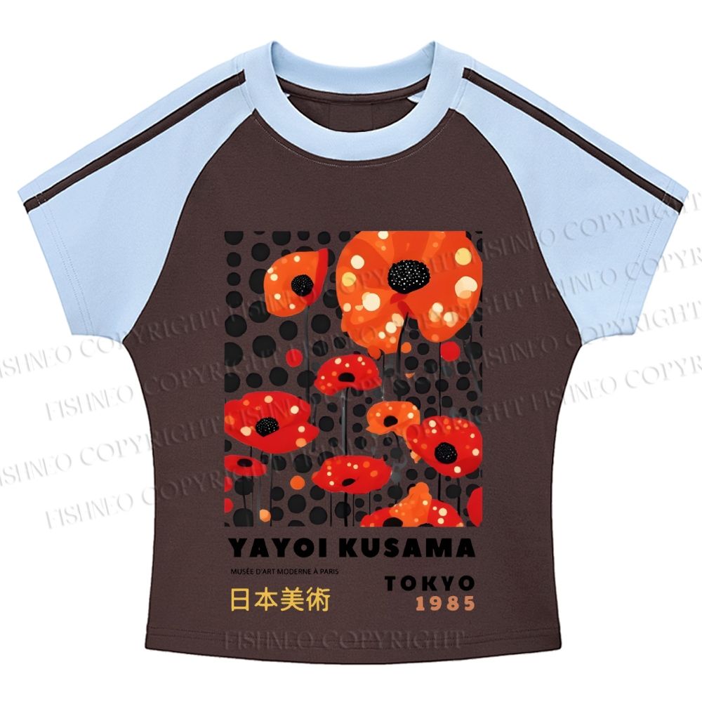 Yayoi Kusama FlowerCasual Hot girl color-blocked striped raglan sleeve short sleeve