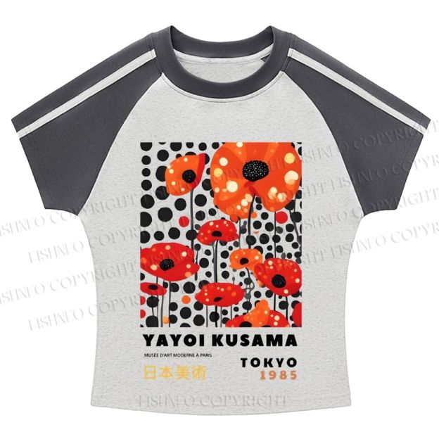 Yayoi Kusama FlowerCasual Hot girl color-blocked striped raglan sleeve short sleeve