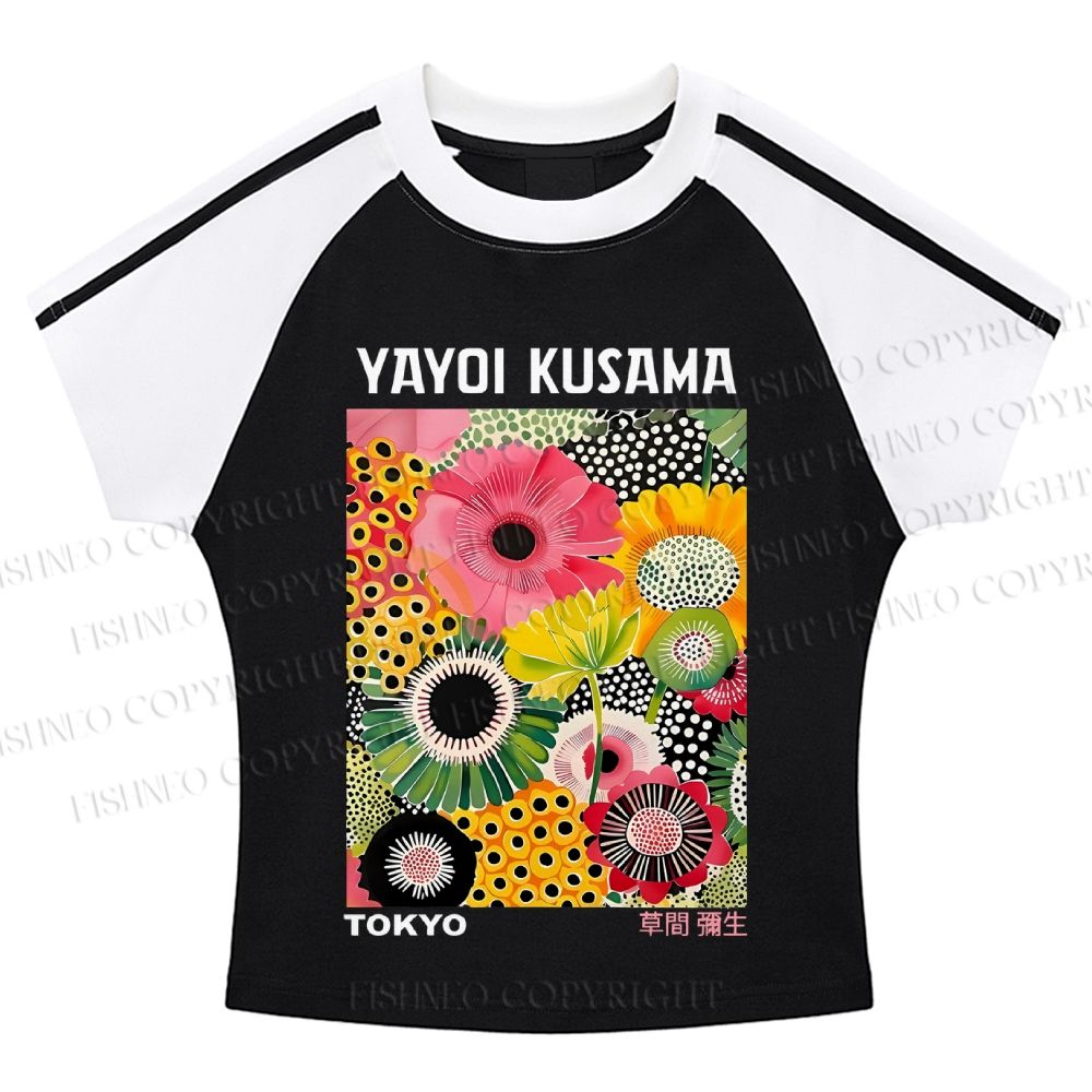 Flowers Yayoi Kusama Hot girl color-blocked striped raglan sleeve short sleeve