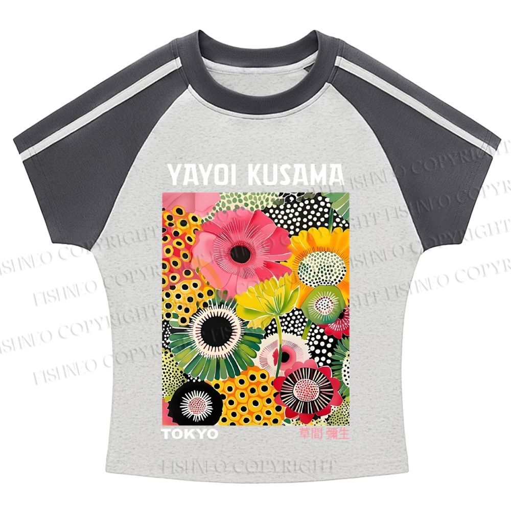 Flowers Yayoi Kusama Hot girl color-blocked striped raglan sleeve short sleeve