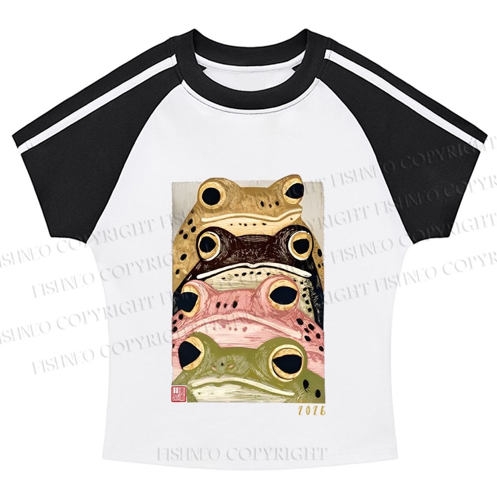 Whimsical Multi ColoredFrog Art Hot girl color-blocked striped raglan sleeve short sleeve