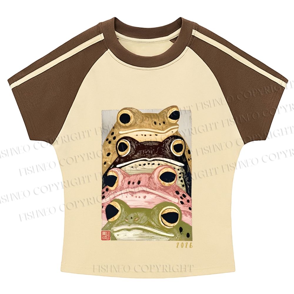 Whimsical Multi ColoredFrog Art Hot girl color-blocked striped raglan sleeve short sleeve
