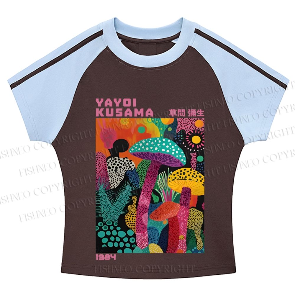 Yayoi Kusama Multicolor Mushroom Hot girl color-blocked striped raglan sleeve short sleeve