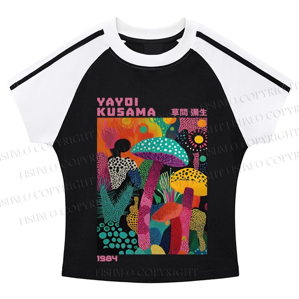 Yayoi Kusama Multicolor Mushroom Hot girl color-blocked striped raglan sleeve short sleeve