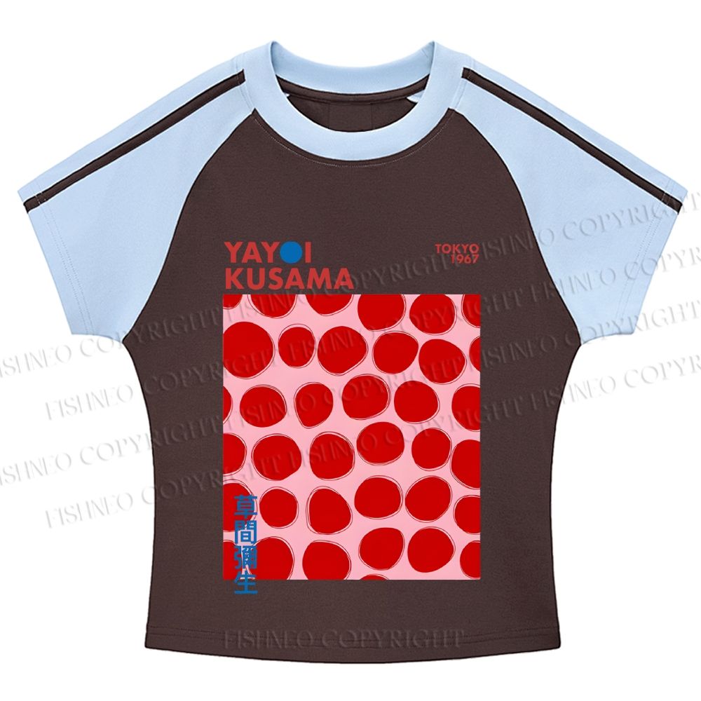Yayoi Kusama Red Dots Hot girl color-blocked striped raglan sleeve short sleeve