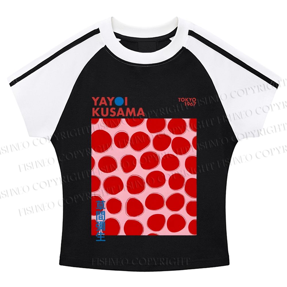Yayoi Kusama Red Dots Hot girl color-blocked striped raglan sleeve short sleeve