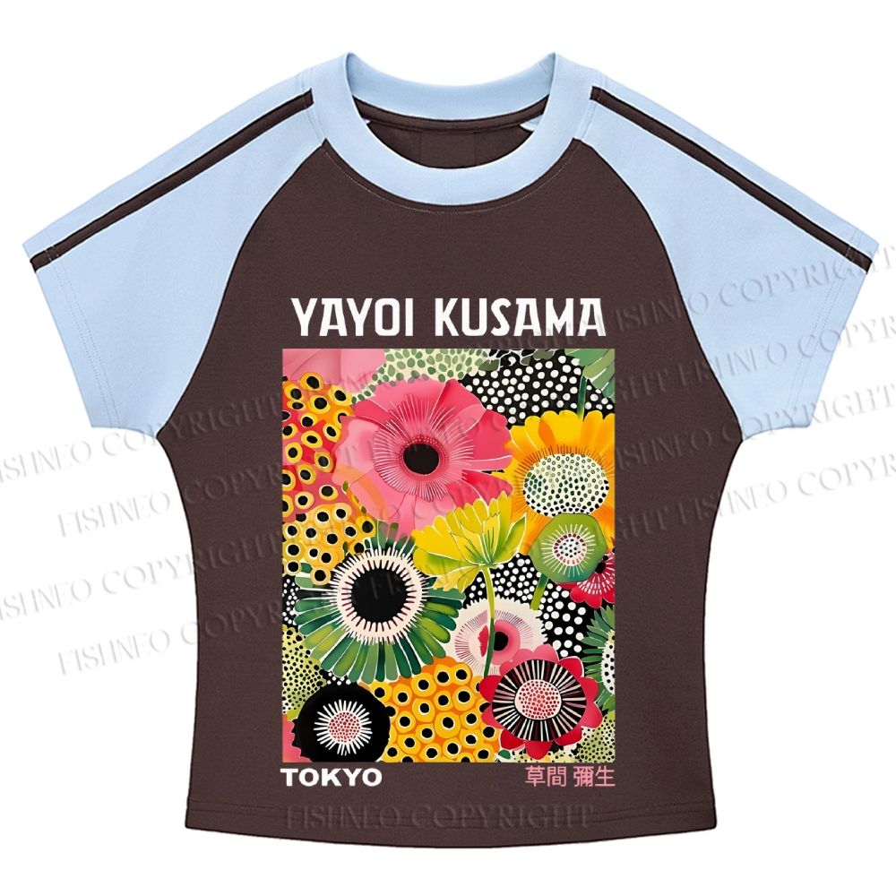 Flowers Yayoi Kusama Hot girl color-blocked striped raglan sleeve short sleeve
