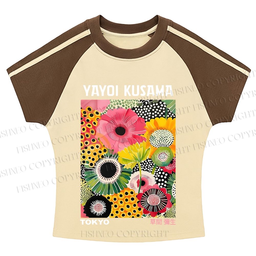 Flowers Yayoi Kusama Hot girl color-blocked striped raglan sleeve short sleeve