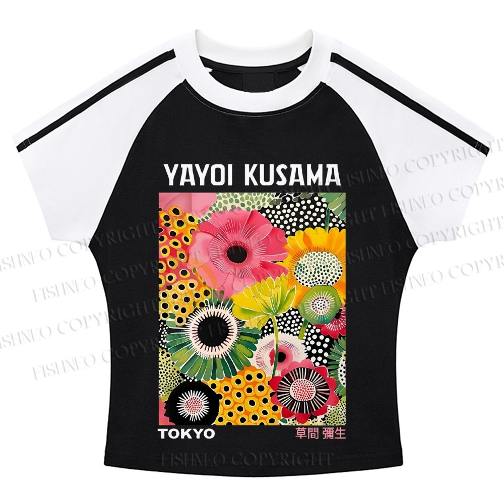 Flowers Yayoi Kusama Hot girl color-blocked striped raglan sleeve short sleeve
