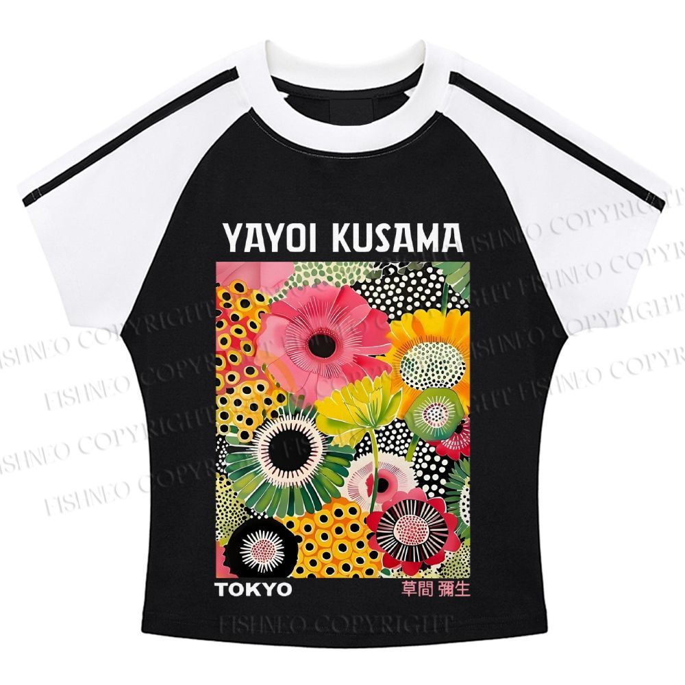 Flowers Yayoi Kusama Hot girl color-blocked striped raglan sleeve short sleeve