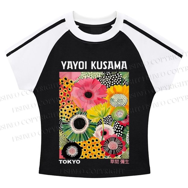 Flowers Yayoi Kusama Hot girl color-blocked striped raglan sleeve short sleeve