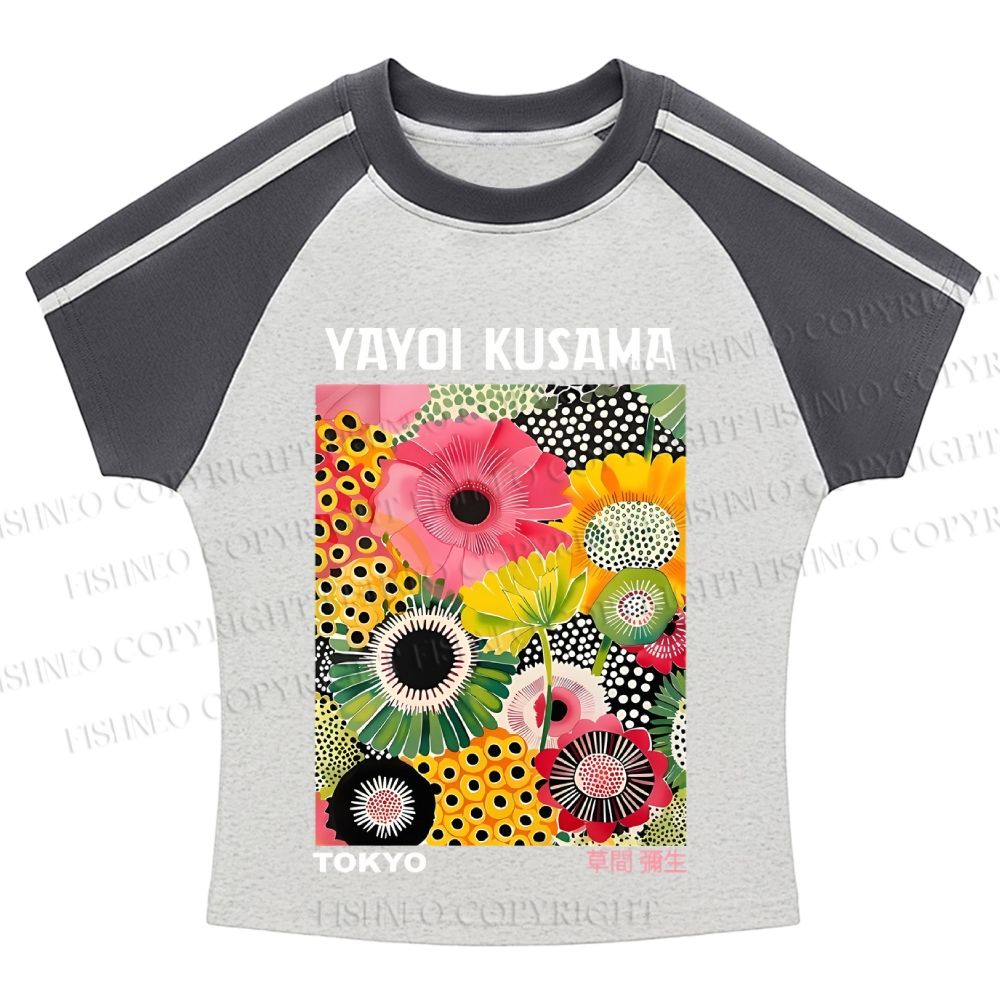 Flowers Yayoi Kusama Hot girl color-blocked striped raglan sleeve short sleeve