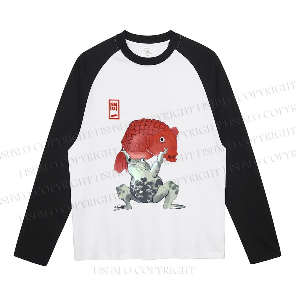 Frog Carrying A Red Fish Neutral Color-Blocked Raglan Commuter Sweatshirt
