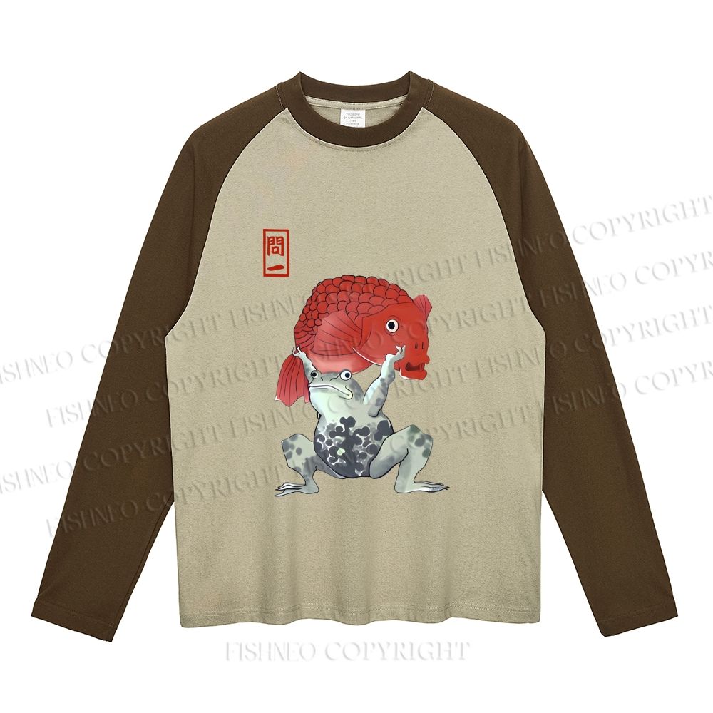 Frog Carrying A Red Fish Neutral Color-Blocked Raglan Commuter Sweatshirt